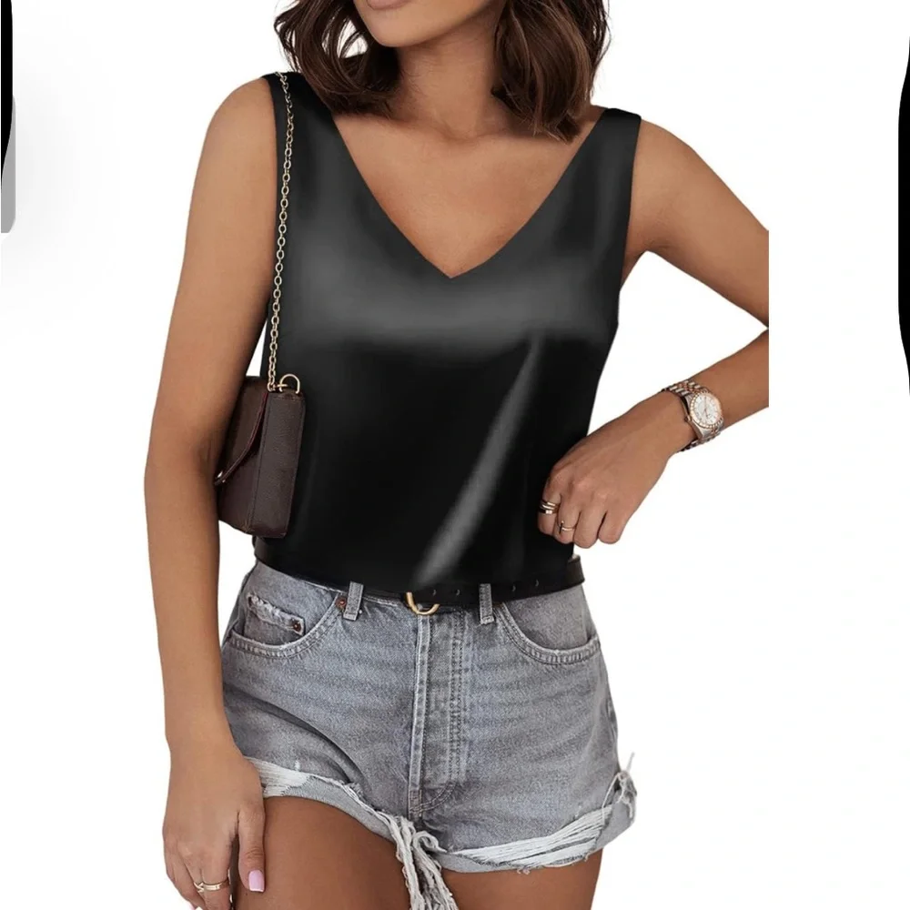 Black Tank Top V Neck Silk Summer Satin Sleeveless Blouses Basic Camisole Shirt